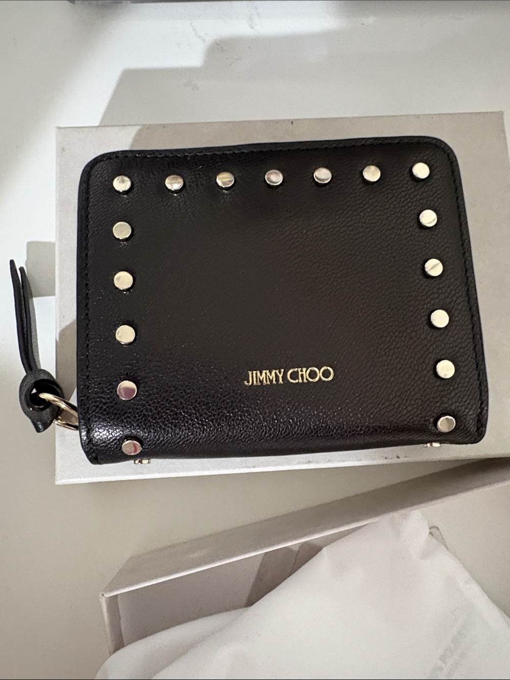 Jimmy Choo Black Leather Studded Zip compact wallet